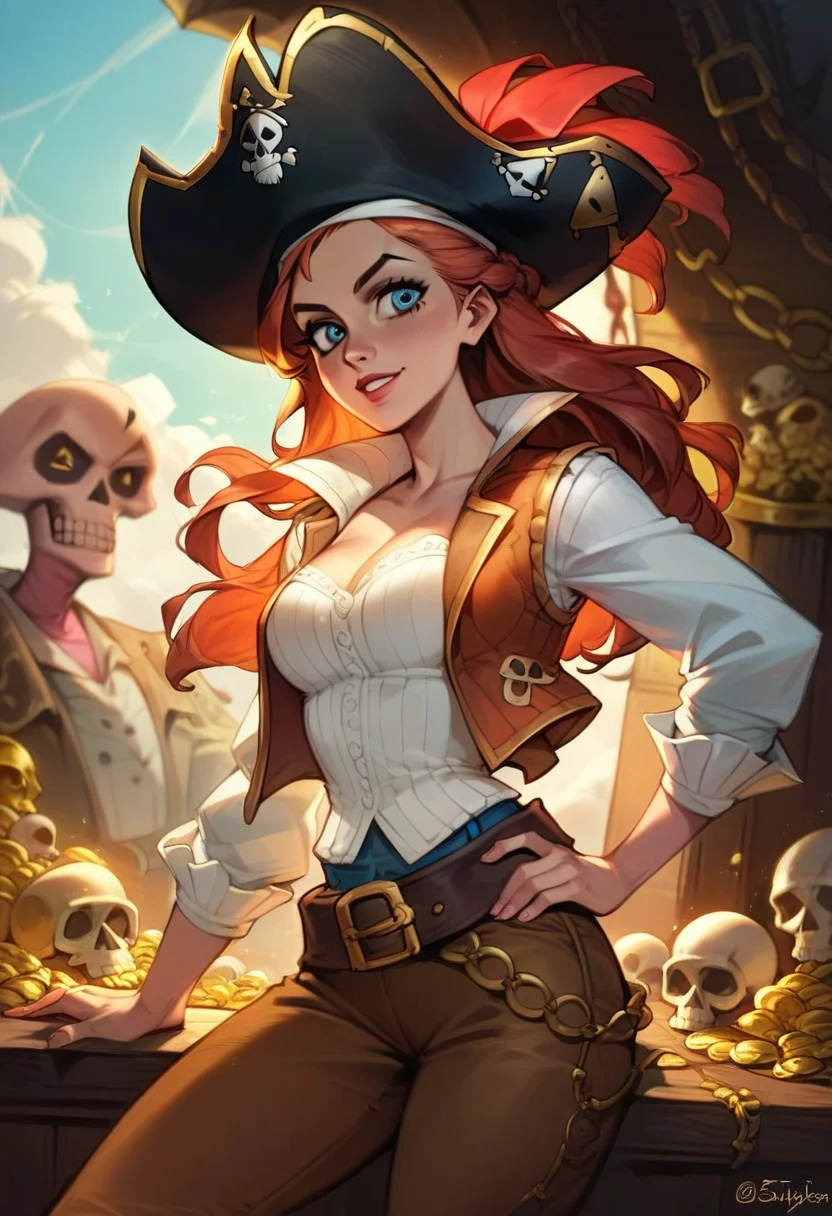 score_9, score_8_up, score_8_up, sexy woman, pirate, pirate hat, vest on bare body, brown pants, thick belt, skull island, sunny day, gold, treasure, highly detailed, dynamic lighting, depth of field, absurdres, best quality,