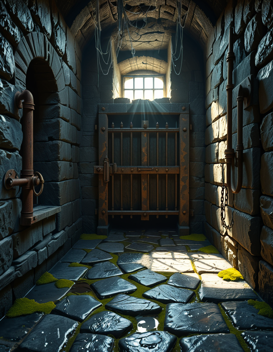 A highly detailed, hyper-realistic photograph of a dark medieval dungeon prison cell. The scene is dimly lit by a single flickering torch mounted on a damp stone wall, casting eerie shadows across the rough, moss-covered stones. Heavy, rusted iron bars form the cell door, slightly ajar, with visible corrosion and ancient padlocks. Inside the cell, there is a straw-covered floor, old wooden buckets, and a crude, splintered wooden bench against the back wall. Chains and manacles hang loosely from the walls, showing signs of long-term use. The atmosphere is cold, humid, and oppressive, with faint light rays piercing through tiny cracks in the stone ceiling. Cobwebs stretch across the corners of the cell, and faint water drips from above, creating small puddles. The overall mood is grim, desolate, and foreboding. Photorealistic style, with high dynamic range (HDR) lighting and extreme attention to textures like rust, moisture, and decay.
<lora:SDXLFaeTastic2400:0.4> <lora:extremely_detailed:0.4> extremely detailed,<lora:medieval_dungeon_pr1s0n_c3ll:1>,medieval dungeon pr1s0n c3ll, Masterpiece,best quality,hi res,8k,hi res,8k,award winning,(sharp focus, intricate, highly detailed),