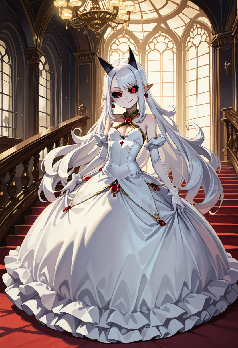 masterpiece, best quality, 1girl, solo, eyelashes, (beautiful eyes), smile, looking at viewer,  ,<lora:PramPhantomKingdom_IXL_v1:0.8>,  [Haunted Mansion Ball], zzPram, 1girl, solo, long white hair, horns, pointy ears, red eyes, black sclera, gothic, 1girl, solo, ball gown, lace gloves, chandelier, grand staircase, moonlit window, eerie elegance. zzPram glides down the grand staircase of a haunted mansion, her flowing ball gown swirling around her like a shadow. The lace gloves on her hands catch the faint moonlight that streams through a massive window, casting an ethereal glow on the haunted space. Her red eyes and black sclera create a chilling contrast to the ghostly elegance of the scene, as the shimmering chandelier overhead reflects her presence, making her seem like a living apparition.