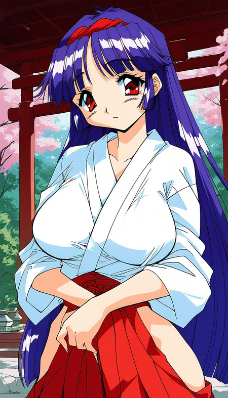 score_9, score_8_up, score_7_up, source_anime, rating_explicit, BREAK <lora:Shiraishi_Yumiko_Ver2.0_XL:1> ShiraishiYumiko, long hair, red eyes, red hairband, purple hair, large breasts, blunt bangs, solo,
japanese white clothes, miko, red hakama, shrine, cherry blossom,