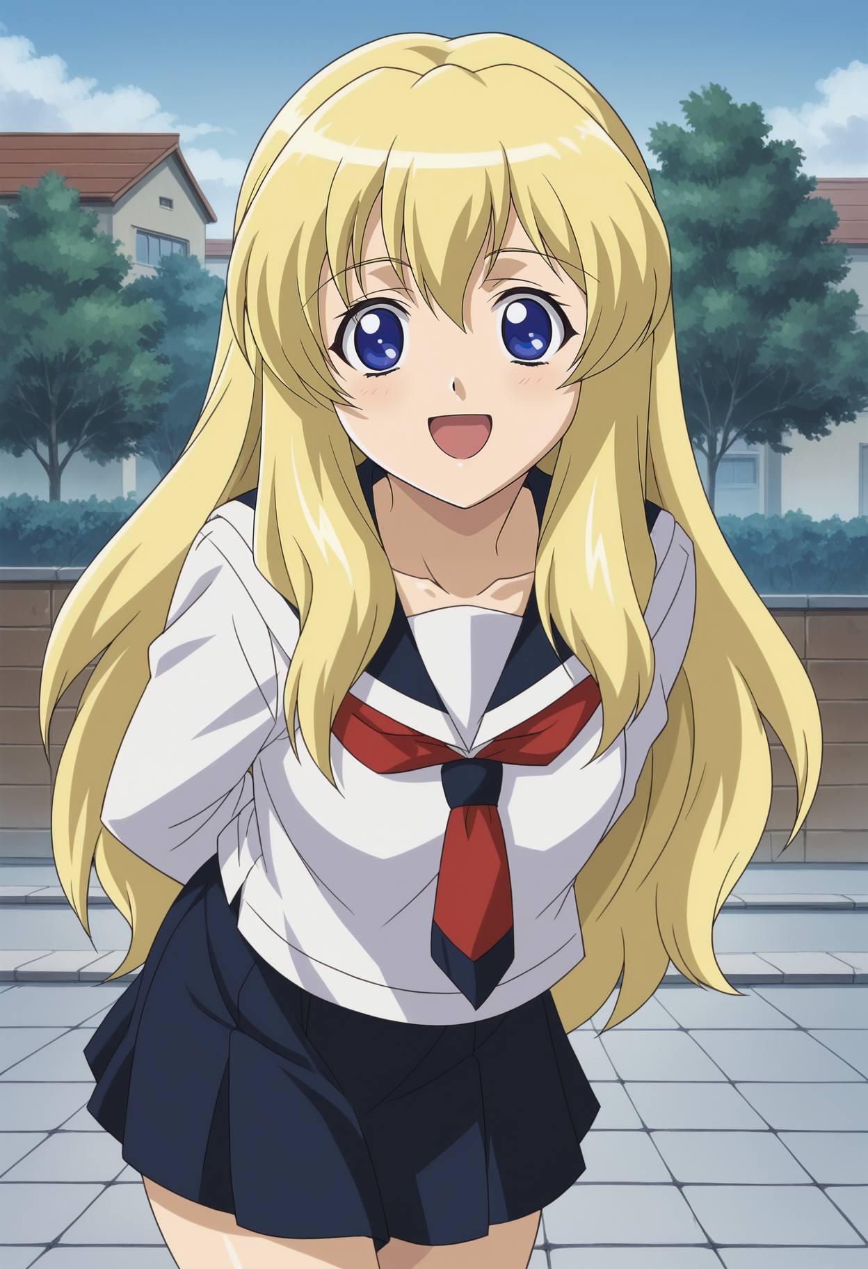 <lora:Lisa_Fukuyama-Girls_Bravo:0.8>,1girl,solo,Lisa Fukuyama,long hair,blonde hair,blue eyes,anime coloring,school uniform,serafuku,skirt,arms behind back, smile,leaning forward, open mouth, smile,looking at viewer, outdoors