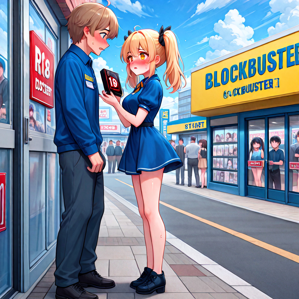 absurdres, explicit, blockbuster, storefront, character print dvd case, holding, 1girl and 1boy, a petite female, shy, blush, unhappy, angry, sweat, breasts, parted lips, twintails, short dress, a tall male, pants, employee uniform, height difference, glass door, glass wall, full body, road, shoes, signboard, R18 dvd case, R18 text poster, street, crowd, people, 6+boys, profile, outdoor, sky, cloudy sky, looking inside, <lora:girllikeblockbuster_ilxl:1>