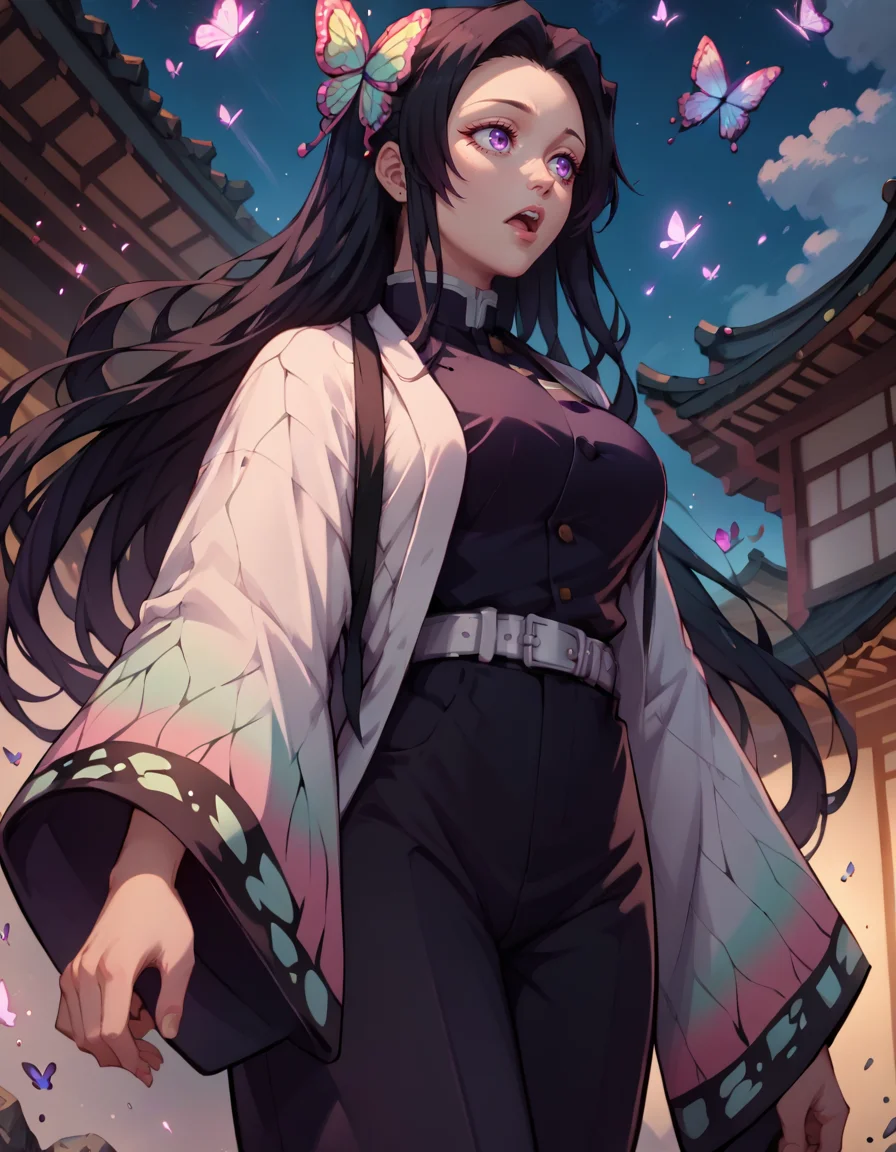 score_9, score_8_up, score_7_up,score_6_up, score_5_up, score_4_up ,1girl, solo,
large breasts,
kanaekochodg,
long hair, black hair, hair ornament, purple eyes,
japanese clothes, long sleeves, wide sleeves, demon slayer uniform, butterfly print, white belt, black pants, black jacket,
glowing,
floating hair,
open mouth,
from below,sheathed,looking to the side,
night, east asian architecture, debris, light particles,
<lora:KanaeKochoDG PonyXL v01:0.90>