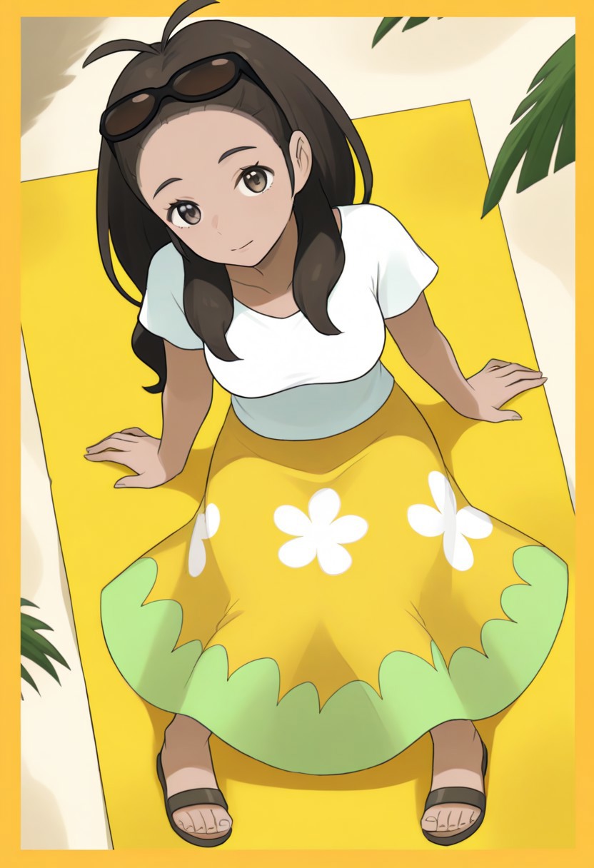 2d, masterpiece, best quality, amazing quality, highres, absurdres, newest, 1girl, solo, sitting, on towel, beach, from above, dutch angle, looking at viewer, medium breasts, alolamom, dark-skinned female, brown eyes, brown hair, long hair, antenna hair, forehead, eyewear on head, sunglasses, white shirt, short sleeves, long skirt, yellow skirt, floral print, sandals, no legwears, toes,