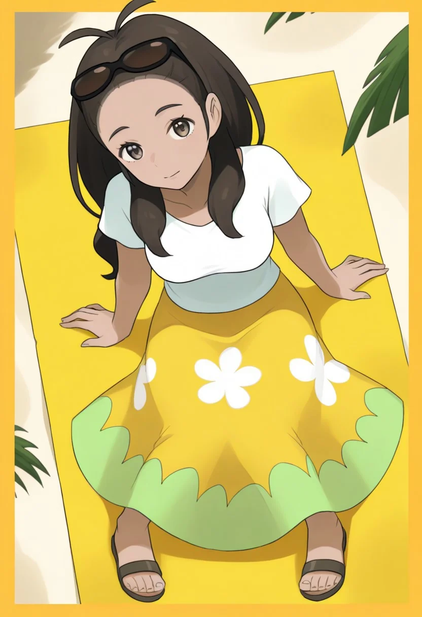 2d, masterpiece, best quality, amazing quality, highres, absurdres, newest, 1girl, solo, sitting, on towel, beach, from above, dutch angle, looking at viewer, medium breasts, alolamom, dark-skinned female, brown eyes, brown hair, long hair, antenna hair, forehead, eyewear on head, sunglasses, white shirt, short sleeves, long skirt, yellow skirt, floral print, sandals, no legwears, toes,