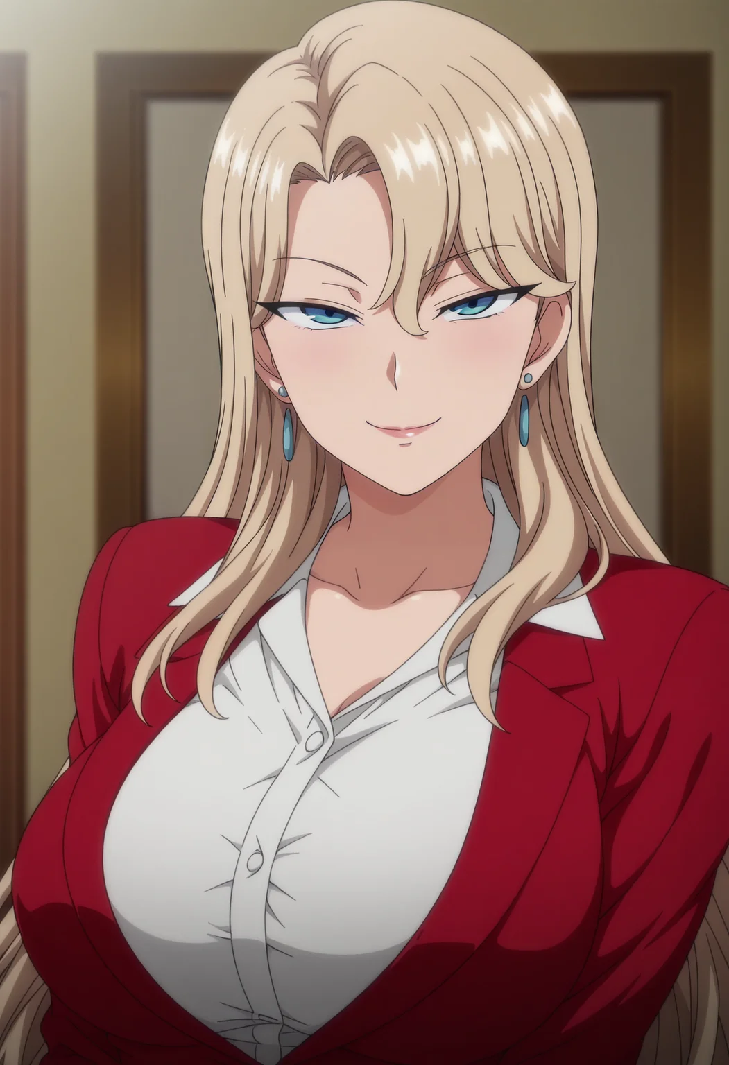 1girl,solo,mm,mature female,long hair,blonde hair,earrings,blue eyes,large breasts,anime coloring,
formal,red jacket,white shirt,upper body, looking at viewer, smile,indoors
,masterpiece,best quality,amazing quality,<lora:Reika_Kurashiki-Saimin_Seishidou_ix:0.8>