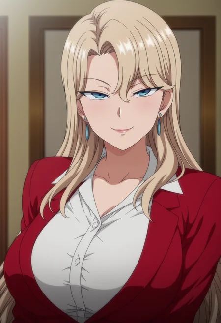 1girl,solo,mm,mature female,long hair,blonde hair,earrings,blue eyes,large breasts,anime coloring,
formal,red jacket,white shirt,upper body, looking at viewer, smile,indoors
,masterpiece,best quality,amazing quality,<lora:Reika_Kurashiki-Saimin_Seishidou_ix:0.8>
