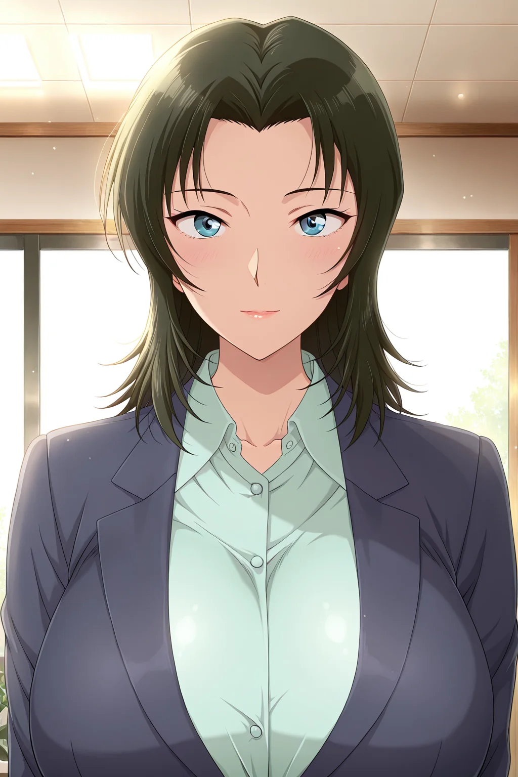 front view,
1girl,mature female,milf,huge breasts,upper body,looking at viewer,office lady,
Best quality,masterpiece,soft light,official art,high quality,highres,absurdres,epic scene,natural textures,<lora:Kuriyama Midori IL:1>,kuriyama midori,medium hair,black hair,blue eyes,
