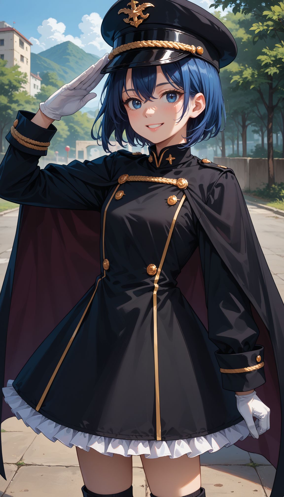 score_9, score_8_up, score_7_up, source_anime, smile,, close portrait,
,bbsajuna,blue eyes,peaked cap,black headwear,blue hair,short hair,hair between eyes,bangs,black cape,dress,(black dress:1.4),long sleeves,(white gloves:1.1),(black skirt:1.4),frilled skirt,socks,black socks,boots,black footwear,outdoors,standing,:d,salute, <lora:Inui Sajuna :0.8>
