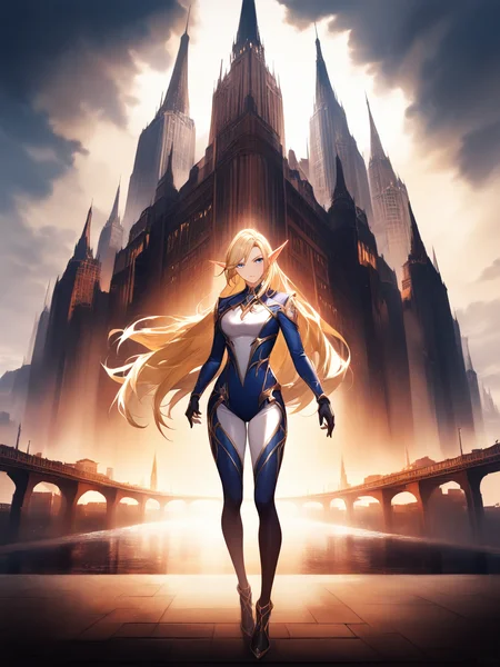 masterpiece, best quality, very aesthetic, absurdres,  <lora:skyline-abstract:1>,city,building,cityscape,tower,bridge,architecture,street,abstract background, .,, Sylvanas Windrunner: (Height, Tall and elegant, 6 feet (183 cm), commanding, graceful presence:1), (Build, Slim and athletic,  well-toned, agile, strength and elegance:1), (Hair, Long, golden blonde hair , smooth, shimmering, wavy, neatly styled, disciplined and regal nature:1), (Eyes, Bright, luminous, blue eyes, radiate intelligence, determination, and warmth, sharp and focused:1), (Skin, Fair, flawless, soft, sunlit-glow, beauty and vitality, high elves:1),