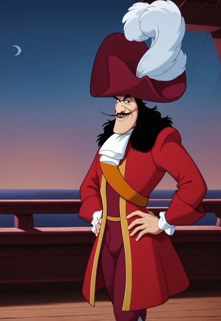 safe_pos, safe_pos, safe_pos, score_9, score_8_up, rating_nsfw, ultra hd, absurdres, best quality, best aesthetic, masculine, solo, 1boy, male focus, perfect proportions, handsome, erotic, alluring, mature male, coloured
DisneyHook, black hair, hat, mustache, red coat, ascot, hands on hip, bedroom eyes, flirty look, Expressiveh, bulge, pirate background, detailed background, black eyes