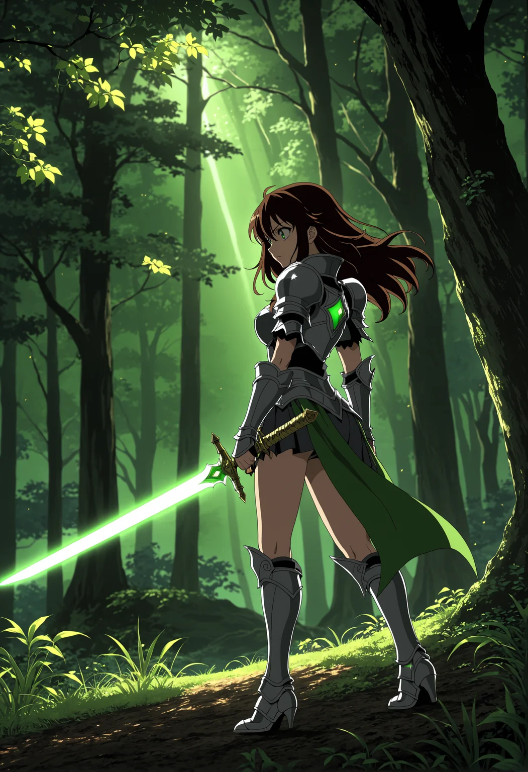 anime screencap, beautiful detailed anime girl, glowing green sword, dark forest background, intense gaze, wind blowing through hair, dynamic lighting, dramatic pose, armor, fantasy setting, intricate details.
Chiaroscuro lighting – Strong contrasts between light and dark, creating a dramatic effect.
Standing tall with the sword planted firmly in the ground, hands resting on the hilt, intense gaze forward