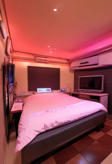 lovehotel, scenery, LHbedpanel, table, book, indoors, phone, bed, couch, television,
masterpiece, best quality, amazing quality, very aesthetic, absurdres, newest,
<lora:lovehotel_Illustrious_V1P:1>