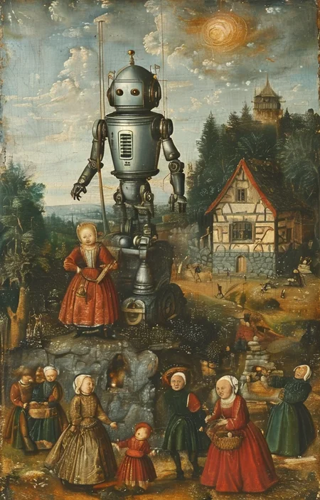 masterpiece,best quality,<lora:tbh283-sdxl:0.9>,illustration,style of Lucas Cranach the Elder portrait of Housework robots