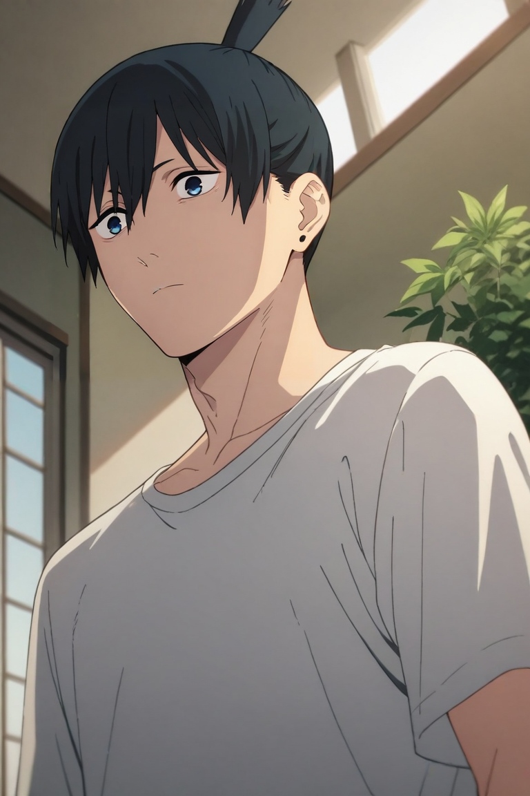 score_9, score_8_up, score_7_up, source_anime, rating_safe, intricate details, , , depth of field, 1boy, solo, male focus, <lora:aki_hayakawa_pony:1>, aki_hayakawa, black hair, blue eyes, bangs, hair between eyes, short hair, topknot, weapon on back, from below, living room, plant, day, sunny, legs together, :\3, , <lora:sdxl_lightning_8step_lora:1>