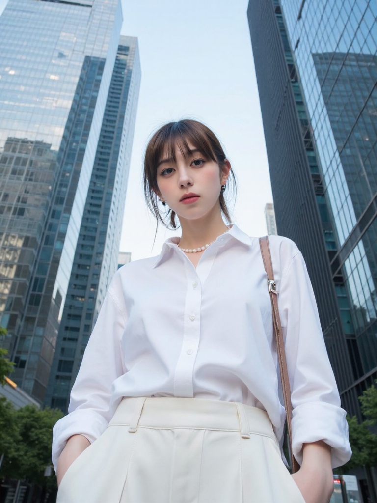 There are wonderful studio lights and various reflections,
18yo beautiful cute girl with blushing and female orgasm.skin naturally showing the texture of blood vessels and detailed pale skin,
--,
<lora:Nakajo_Ayami_f1:1>,she is Nakajo Ayami,
(Crisp_white_button-down:1.6),(Wide-leg_trousers:1.5),(Pearl_necklace:1.4), A bold fashion shot of a model standing tall in front of massive skyscrapers. The low-angle perspective makes her appear powerful and statuesque, her expression strong and determined. The background features towering city buildings with sharp lines contrasting against the bright sky. Street fashion editorial, wide-angle lens, f/2.0, natural light, hd quality,, #æ©å¤©æ¥¼ä½è§åº¦