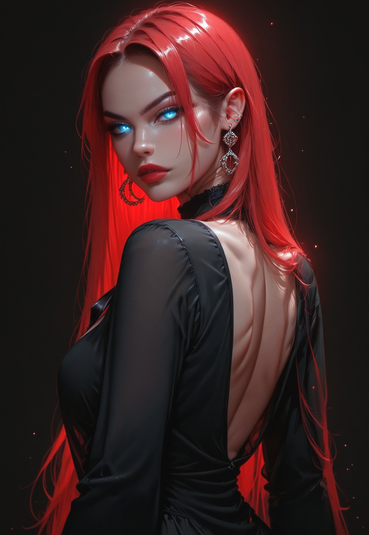 succubus ,score_9, score_8_up, score_7_up, rating_safe,girl,olz_anita1,seductive, cool, perfect body,Tilt head,2.5d,ornament,narrow waist,big breasts,long red hair large breasts,arching back,serious, glowing blue yes,Vertical slit pupils,
HI-res,masterpiece,black suit with shirt and slack,handsome appearance ,black neckties,Tomgirl ,back view,back,
simple background ,black background