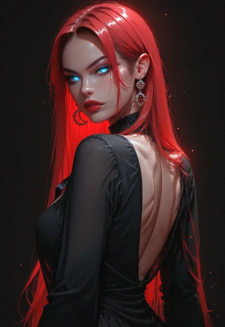 succubus ,score_9, score_8_up, score_7_up, rating_safe,girl,olz_anita1,seductive, cool, perfect body,Tilt head,2.5d,ornament,narrow waist,big breasts,long red hair large breasts,arching back,serious, glowing blue yes,Vertical slit pupils,
HI-res,masterpiece,black suit with shirt and slack,handsome appearance ,black neckties,Tomgirl ,back view,back,
simple background ,black background
