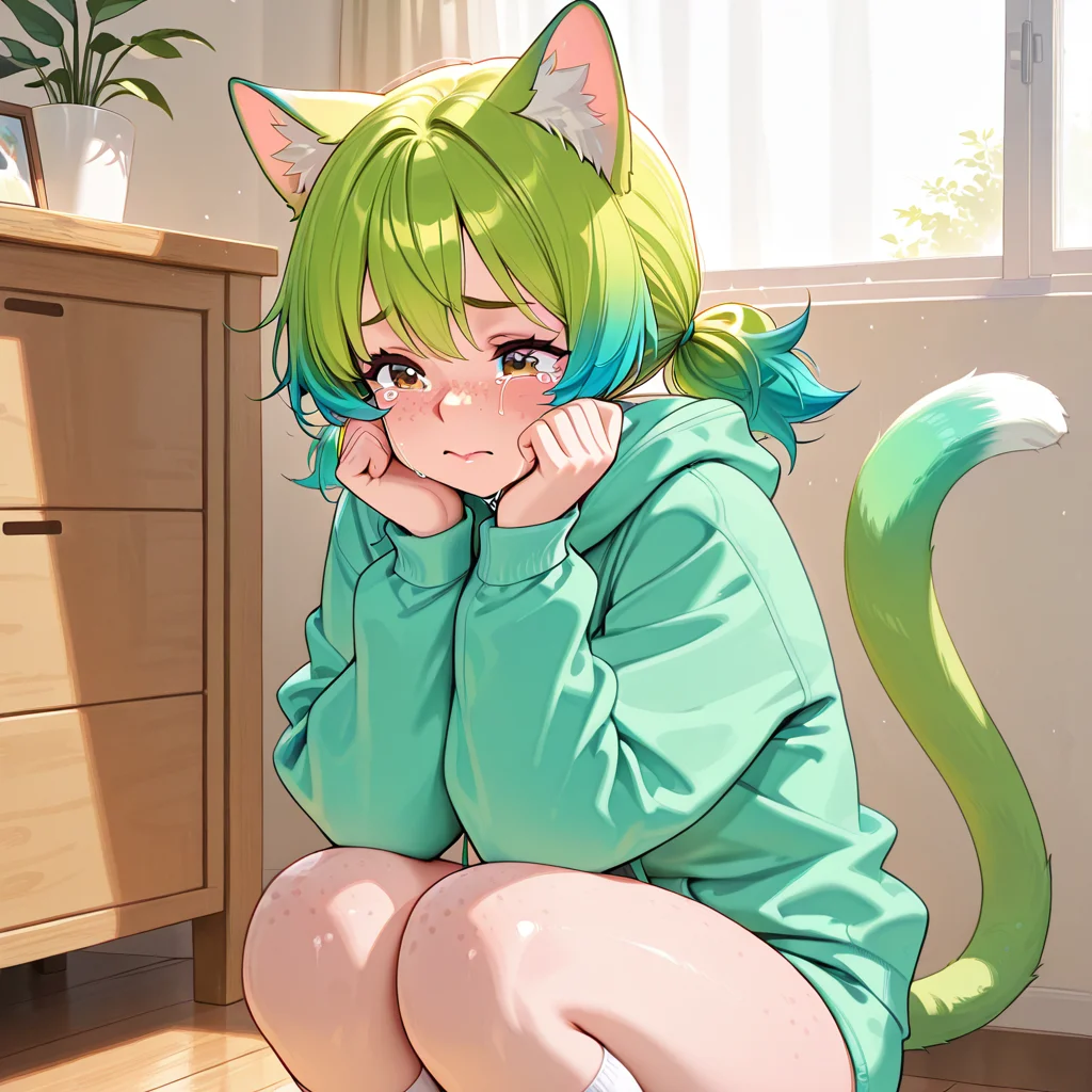 1girl, Klover, freckles, hoodie, on knees, crying <lora:Klover Illustrious:1>
