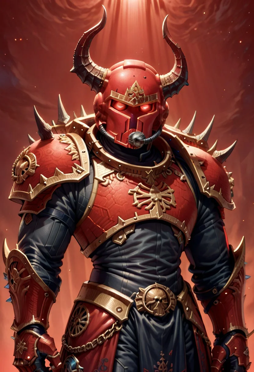 score_9, score_8_up, score_8,
Khrn, solo, 1boy, male focus, armor, helmet, shoulder armor, gauntlets, red background, spikes, red armor, tokusatsu, horns, space marine,
vibrant lighting, high contrast, dramatic shadows, highly detailed, detailed skin, depth of field,