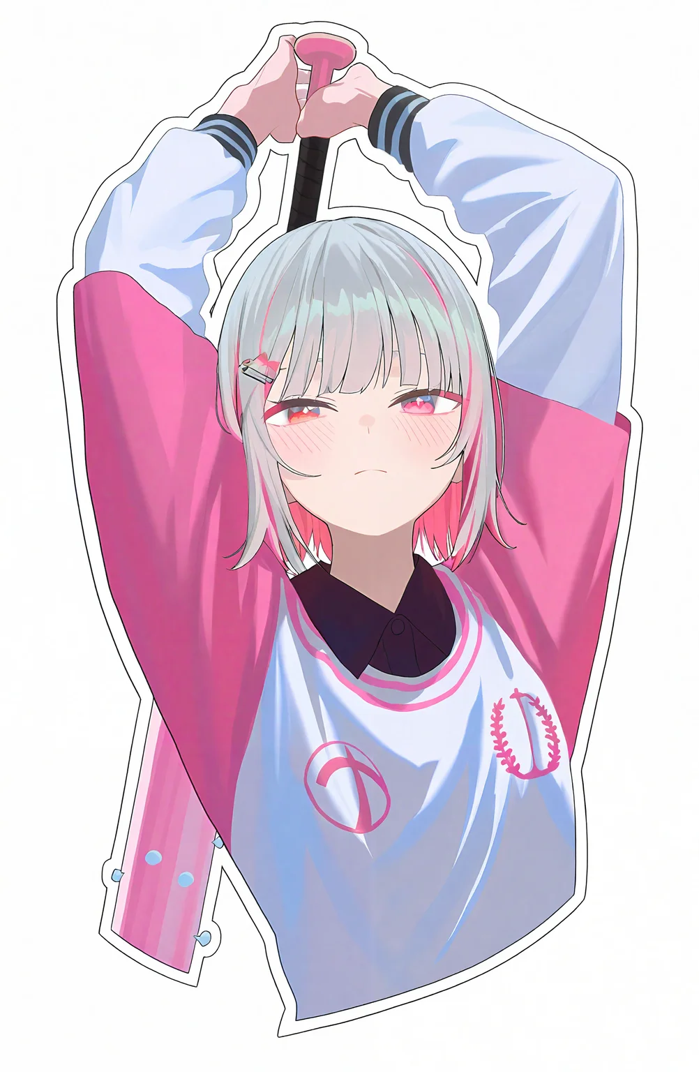 1girl, solo, looking_at_viewer, blush, short_hair, simple_background, shirt, long_sleeves, hair_ornament, white_background, holding, closed_mouth, upper_body, pink_hair, grey_hair, multicolored_hair, collared_shirt, hairclip, pink_eyes, two-tone_hair, arms_up, colored_inner_hair, outline, white_outline, baseball_bat, nail, holding_baseball_bat