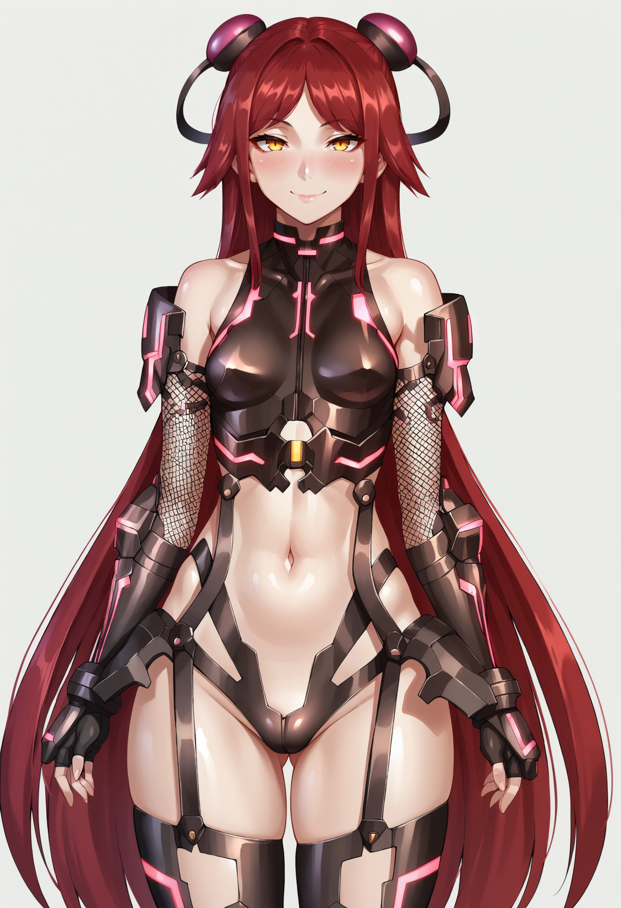 score_9, score_8_up, score_7_up, score_6_up, source_anime, uncensored,
1girl, solo, (konno tohiro:0.5), 
standing,
looking at viewer, half-closed eyes, smile, blush,
Su_Jinglei_SK,
red hair, long hair, yellow eyes, parted bangs, small breasts, 
neon trim, headgear, headgear, fingerless gloves, elbow gloves, thighhighs, gloves, navel, bare shoulders,
simple background, white background,
 <lora:Su_Jinglei_SK:1>