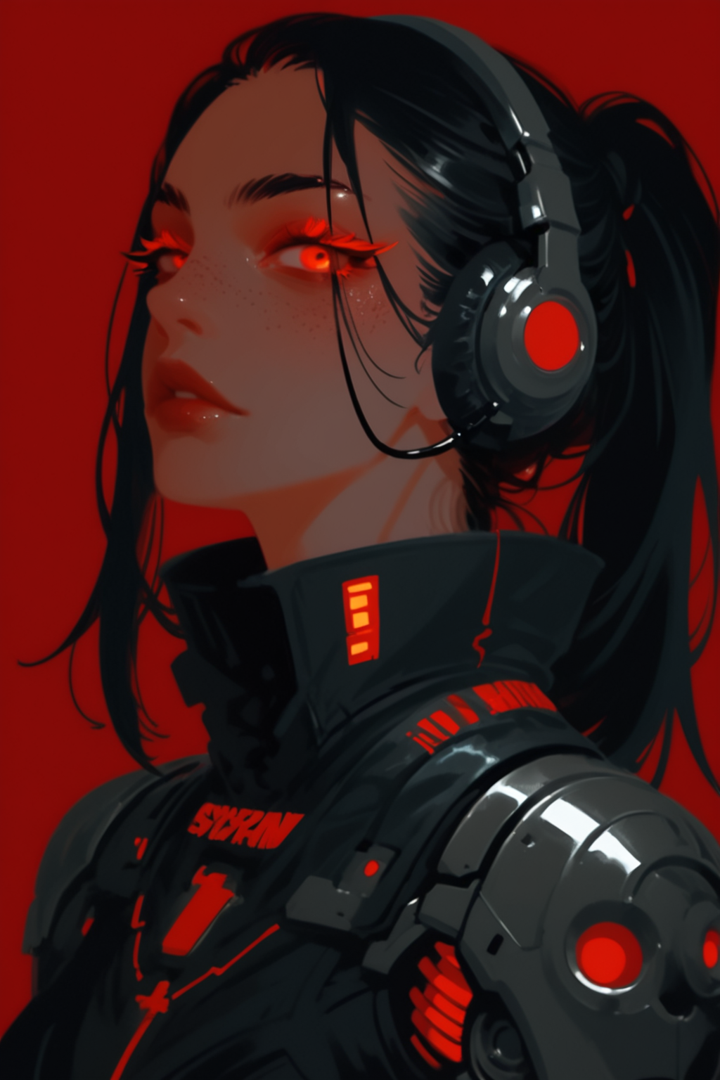 1girl, solo, red background, black hair, red eyes, ponytail, looking at viewer, science fiction, simple background, long hair, upper body, red theme, cyberpunk, freckles, portrait, , cable, armor, glowing, mechanical parts, headphones, eyelashes, bodysuit, nose, red eyelashes, colored eyelashes, zPDXL3,  PnyCmicXLPOS, detailxl,  (lineless, vector art:1.5)