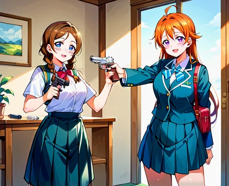 score_9, score_8_up, score_7_up, score_6_up, source_anime, (2girls:1.7), (multiple girls:1.7), duo, pair, <lora:LLChar_Pony_Niji:0.25> love live!, <lora:Royale_With_Cheese_Pony:0.4> rwc, 2girls,holding gun, standing, revolver, indoors,
BREAK (emma verde, blue eyes, twin braids, brown hair, freckles, large breasts, long hair, school uniform, holding gun),
BREAK (konoe kanata, large breasts, long hair, orange hair, purple eyes, school uniform, holding gun),