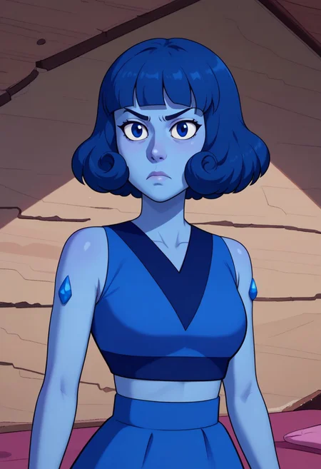 ((bedroom background)),score_9, score_8_up, score_7_up,score_6_up,
1girl, Solo, MeanLapis_SUF, light azure skin, dark blue eyes, medium-blue hair, short hair, hairstyle soft wavy bob, flat bangs, gemstone on her left shoulder, blue top with dark blue details, long blue skirt, barefoot, big eyes, tall stature, serious, sexy face, close-up, cowboyshot, perfect eyes, looking at the viewer, big breasts, detailed eyes, perfect eyes, cute, standing, head on, front pose