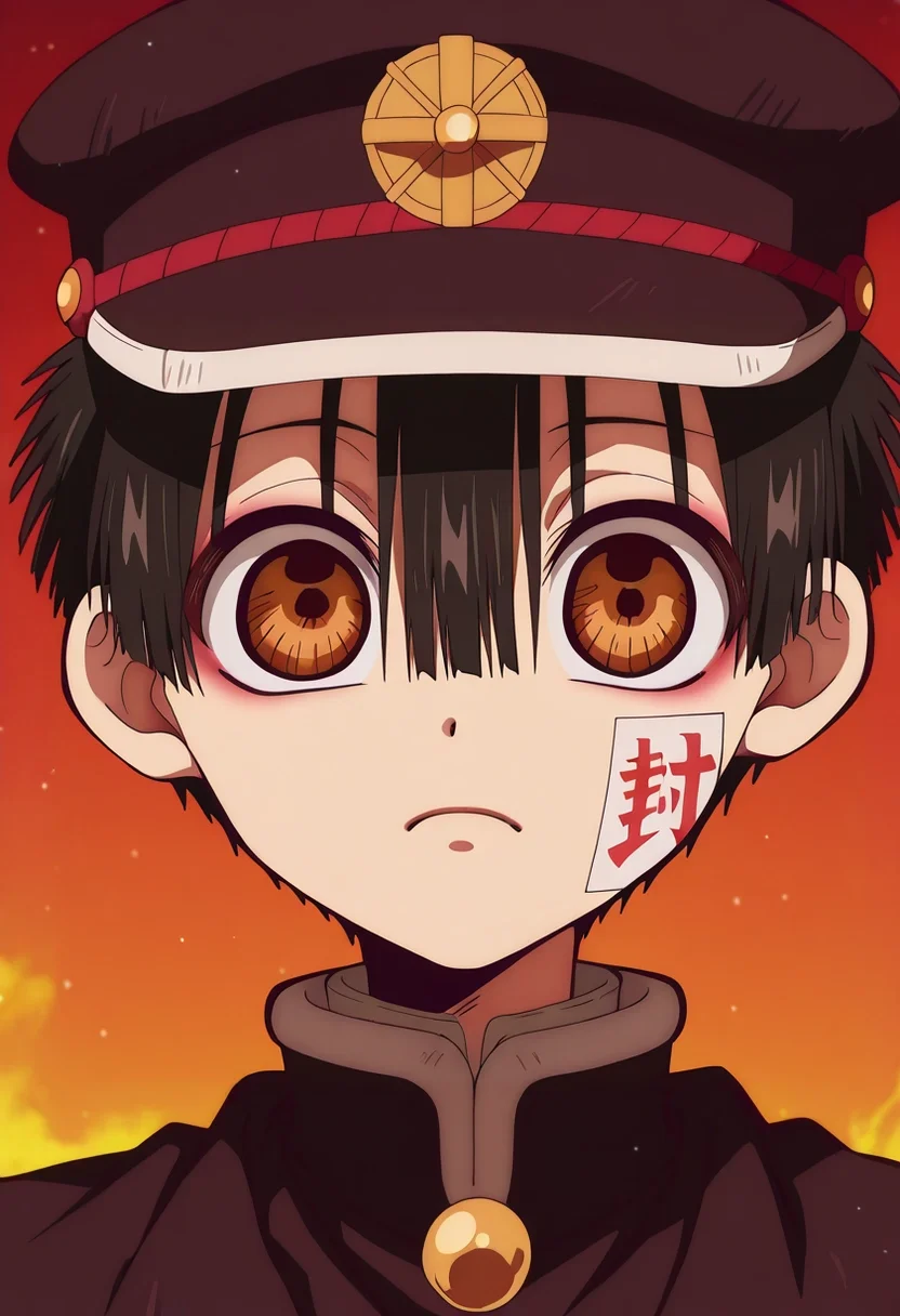 masterpiece, best quality, intricate details, anime screencap, anime coloring, official style, , 1boy, solo, male focus, <lora:hanako-kun_ilxl:0.92>, hanako-kun, black hair, brown eyes, short hair, hair between eyes, bangs, hat, black headwear, , ofuda, ,