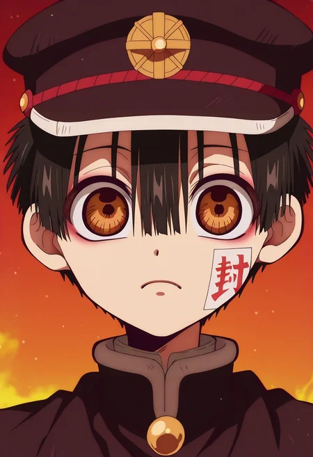 masterpiece, best quality, intricate details, anime screencap, anime coloring, official style, , 1boy, solo, male focus, <lora:hanako-kun_ilxl:0.92>, hanako-kun, black hair, brown eyes, short hair, hair between eyes, bangs, hat, black headwear, , ofuda, ,