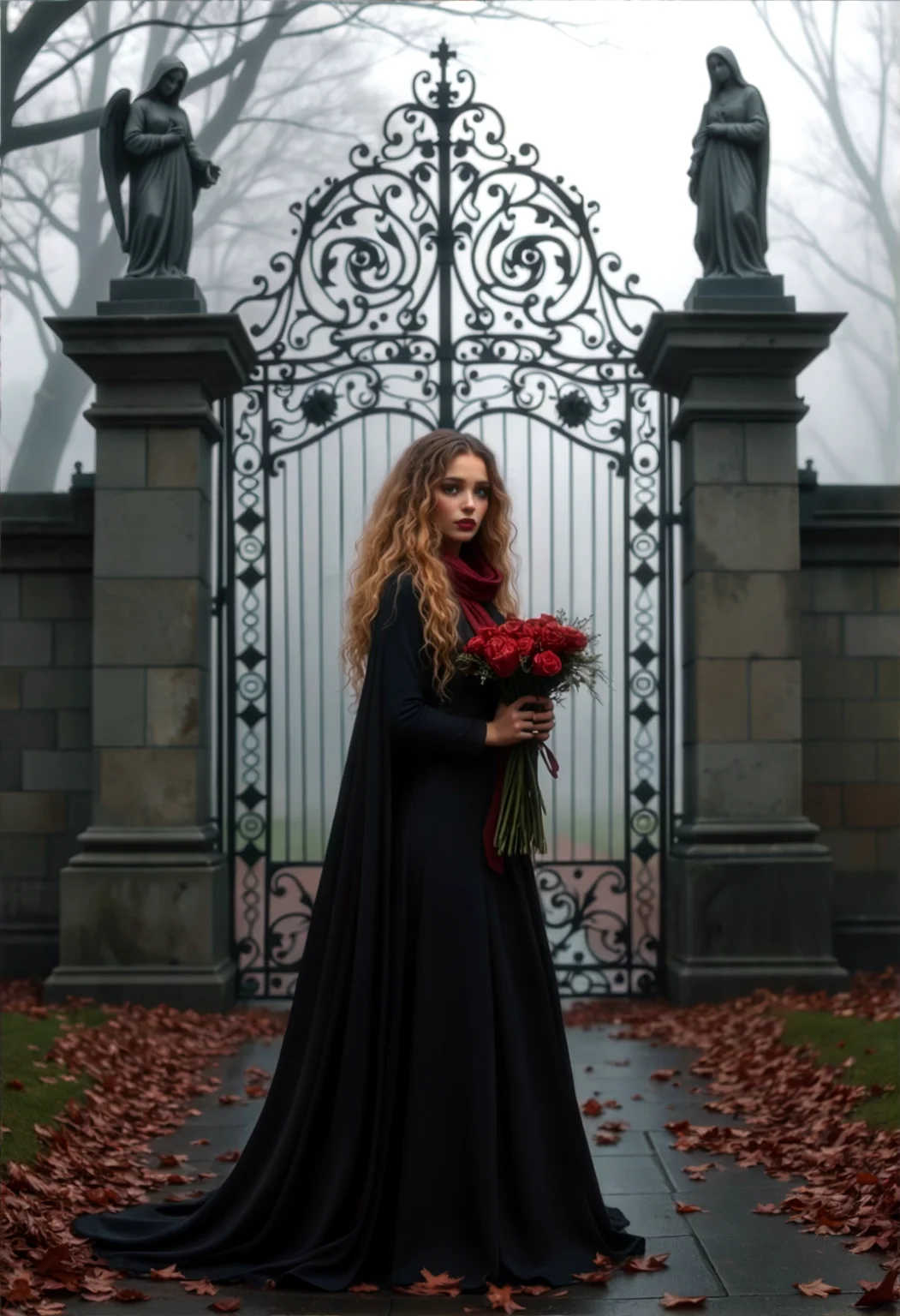 Hyperrealistic art a woman in a long black dress holding a bouquet of roses in front of a gate with statues on it, Dirk Crabeth, gothic, a storybook illustration, gothic art, natural light, a portrait, superflat, cinematic photography, a stock photo, neo-romanticism, shallow depth of field, vignette, highly detailed, high budget, bokeh, cinemascope, moody, epic, gorgeous, flux-style, film grain, grainy. Extremely high-resolution details, photographic, realism pushed to extreme, fine texture, incredibly lifelike.  <lora:add-detail-xl:.5> <lora:Flux-style-xl-lora:.5>