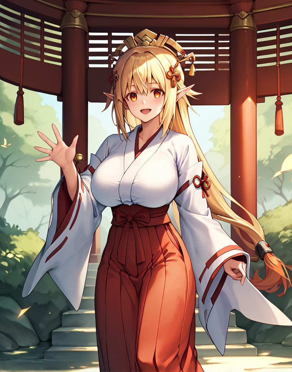 score_9, score_8_up, score_7_up, score_6_up,  masterpiece, detailed,  <lora:LilithTaimanin-08:.8> LiliTai, blonde hair, orange eyes, pointy ears, low tied hair, long hair, large breasts, LiliMiko, hair ornament, hakama, hakama skirt,  pelvic window, bells, ribbons, shinto shrine in background, open arms, waving, cowboy shot, morning light, dawn