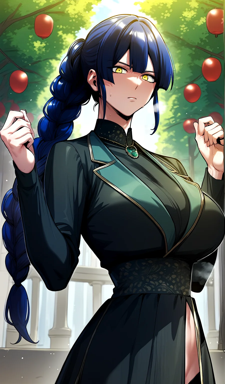 score_9, score_8_up, score_7_up, score_6_up, source_anime, rating_explicit, <lora:neg4all_bdsqlsz_V3.5:2.0>1girl, (solo:1.2), huge breasts, <lora:Flora Lumosponyxl:1> yellow eyes, blue hair, long hair, bangs, single braid, braided ponytail, long sleeves, black dress, serious, Narrow shoulders, sweat, heavy breathing, steaming body, party, outdoor, looking at viewer, spread arms