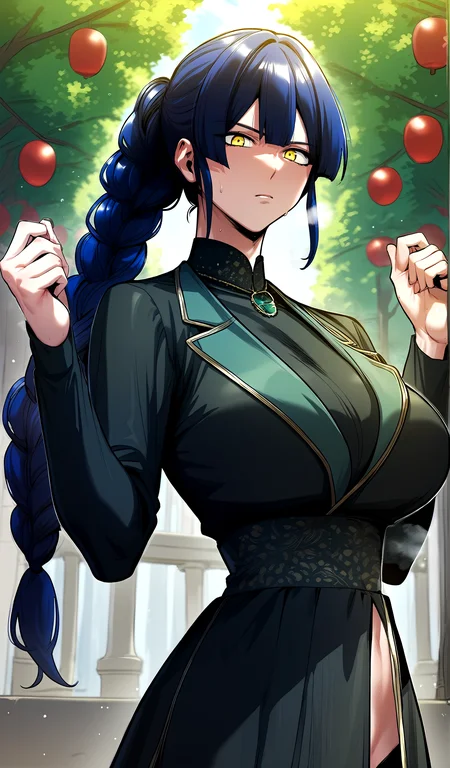 score_9, score_8_up, score_7_up, score_6_up, source_anime, rating_explicit, <lora:neg4all_bdsqlsz_V3.5:2.0>1girl, (solo:1.2), huge breasts, <lora:Flora Lumosponyxl:1> yellow eyes, blue hair, long hair, bangs, single braid, braided ponytail, long sleeves, black dress, serious, Narrow shoulders, sweat, heavy breathing, steaming body, party, outdoor, looking at viewer, spread arms
