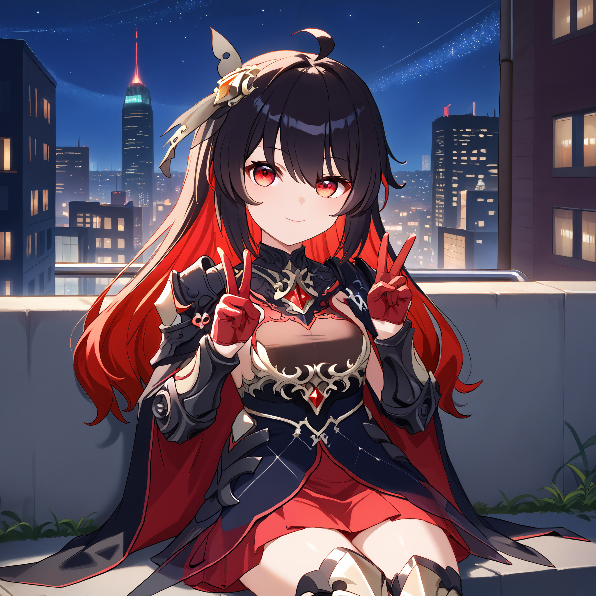 score_9, score_8_up, score_7_up, score_6_up, score_5_up, score_4_up, BREAK source_anime, look at viewer, rating_safe, 1girl, solo, outdoors, night, city, sitting, on staris, double v, masterpiece, best quality, high detailed skin,  seele vollerei \(starchasm nyx\), long hair, multicolored hair, black hair, red hair, hair ornament, ahoge, red eyes, armor, black dress, red gloves, red skirt, thigh strap, thighhighs,