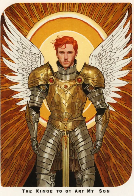 ((art deco)), art by Seb Mckinnon, beautiful man in elegant armor, groom, red hair, halo, (red angel_wings), golden skin, jewelry, golden arc, fiery sun, 5 wings
