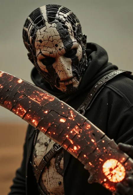 Evil Extreme helmet Closeup of a Action Scene shot of a dark, menacing towering mechanical hkstyle knight in the heat of an intense, action-packed battle, captured with the gritty realism of an old analog camera. The hkstyle knight's intricately designed, battle-worn helmet reflects the eerie magical, ethereal glow of his weapon—a massive, twisted sword. The blade crackles with dark energy, gathering ominously at its tip, where a glowing orb of beige/white and translucent red light pulses with immense, destructive power. The energy radiates along the length of the blade, casting a sinister glow that illuminates the knight’s helmet and armor, creating stark contrasts between light and deep shadows.
adorned with jagged, twisted patterns and a ghastly visage that seems to stare into the souls of his enemies. The glow from the sword throws the intricate details of the helmets into sharp relief, casting long shadows that flicker across the Lone Desert scenery battlefield amidst dunes