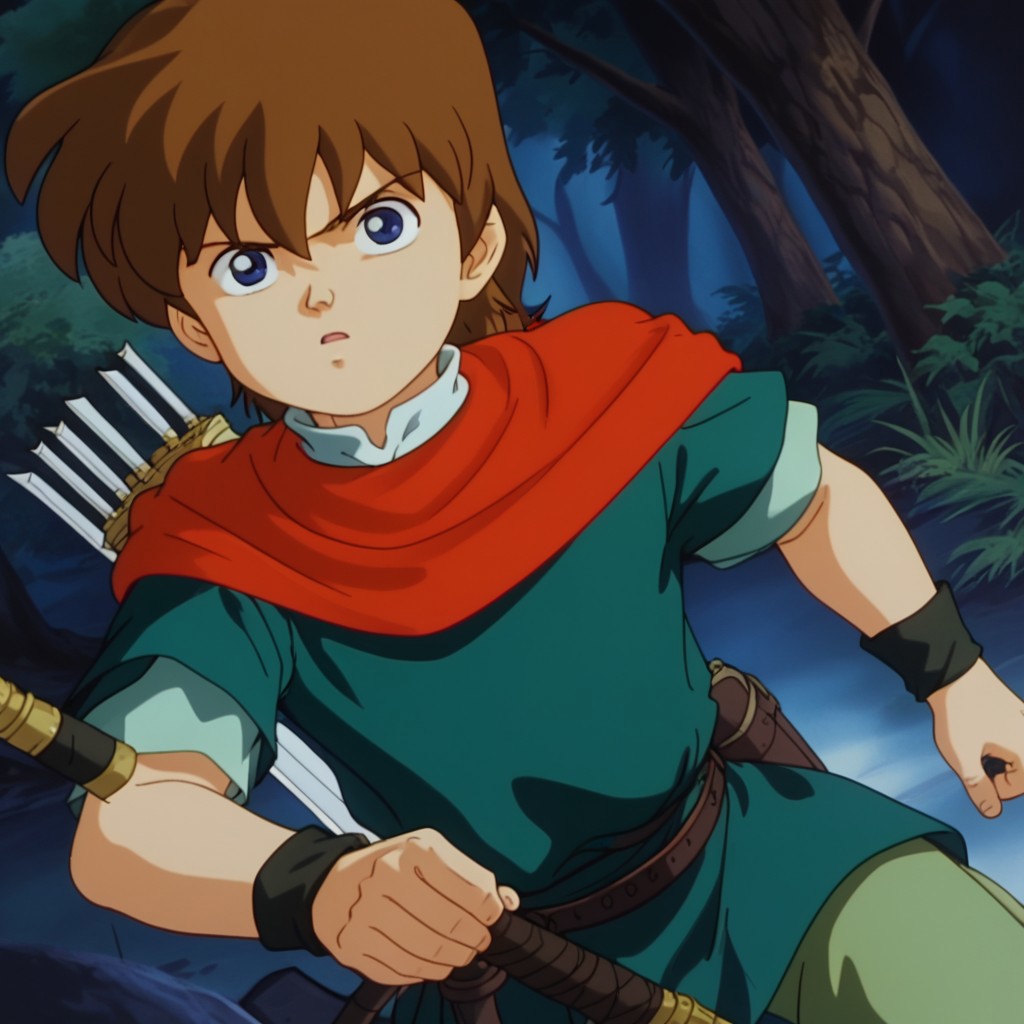 weapon, 1boy, solo, Robin Hood, blue eyes, white collar, red scarf, dark green shirt, light green pants, brown hair