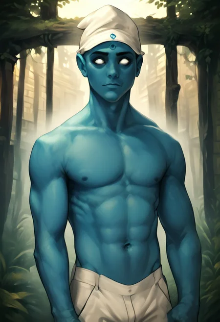 SFW, rating_all, score_10, score_8_up, score_7_up, beautiful, realistic, detailed, perfect, quality, vector, flat colors, masterpiece, drmanhattan as a smurf, 1boy, glowing, blue skin, bald, white eyes, no pupils, white pants, white cap