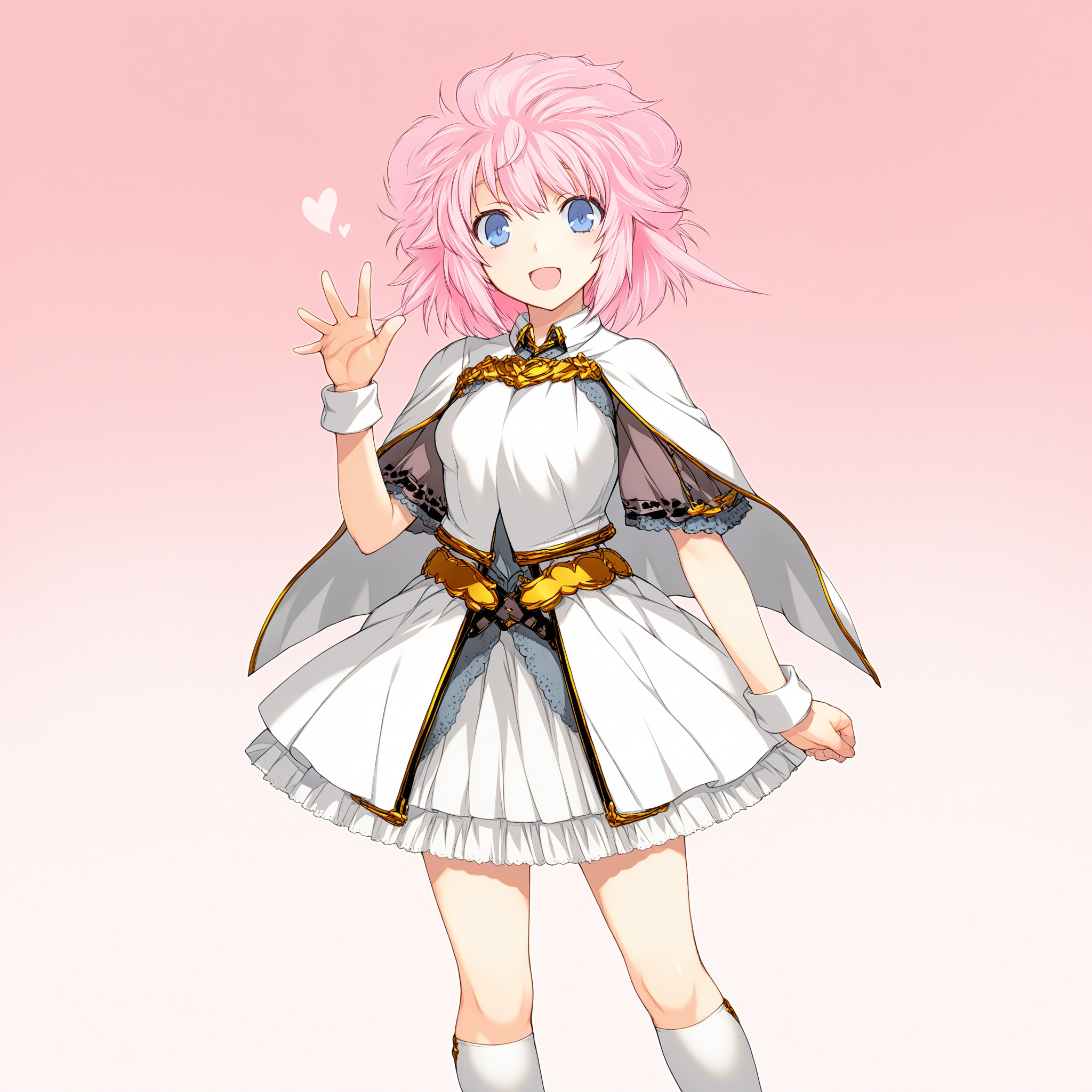 <lora:RanceX_pack_1:1.2>,Rance_10_art,Sill_Plain,short hair,pink hair,1girl,solo,white dress,white capelet,short sleeves,white kneehighs,belt,full_shot,front view,looking_at_viewer,simple background,standing,smile,open mouth,open eyes,waving,heart,pink background,gradient background,