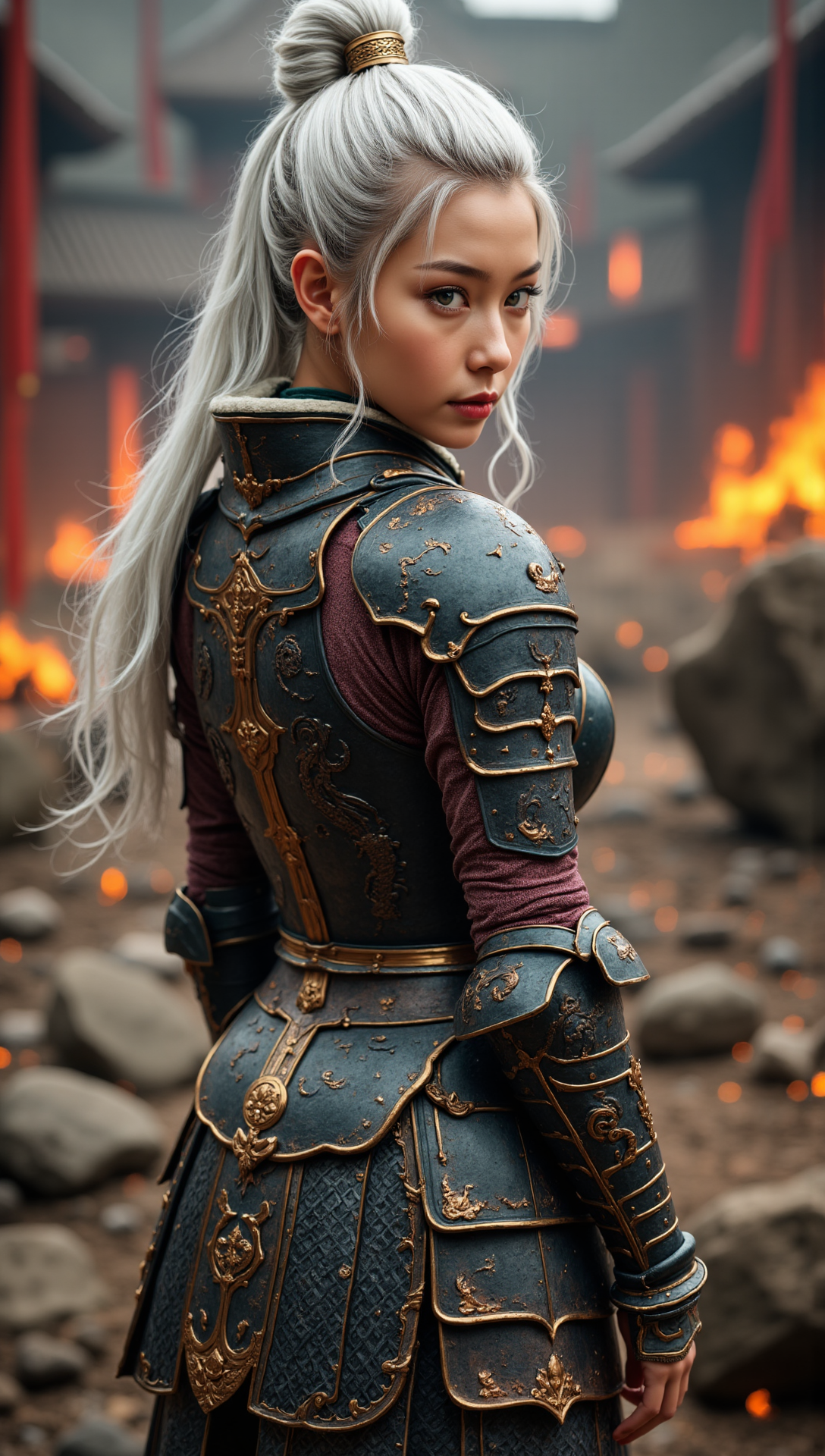 Candid, over-the-shoulder shot of a photorealistic East Asian woman with pale skin, deep violet eyes, and long silver-white hair tied into an elegant topknot, wearing full-body imperial dragon knight armor. Her backplate is crafted from blackened jade-steel alloy with raised relief carvings of serpentine dragons slithering across the surface, polished to an oil-slick shine. Her pauldrons curve upward like dragon wings, each edge rimmed in molten gold trim that flickers in the torchlight. Layered arm guards are patterned with interlocking cloud motifs, fastened with green silk cord and oxidized copper hooks. Her waist is wrapped in ceremonial sashes, layered silk in cream and crimson, holding etched lamellar hip guards that curve outward with stylized fire crests. Her legs are clad in plated greaves shaped with scaled patterns, knees flared like open dragon jaws. In the distance, an ancient palace burns, casting waves of flickering orange light onto the rippling surfaces of her armor. She turns back, calm and resolute, bathed in firelight and swirling embers.
Tags: photorealistic, jade steel armor, dragon motifs, imperial styling, molten gold trim, lamellar hip guards, oxidized copper, ceremonial silk layers, palace ruins, fire and embers, detailed armor surface, high fantasy realism, silver hair












fmlas-mk.1