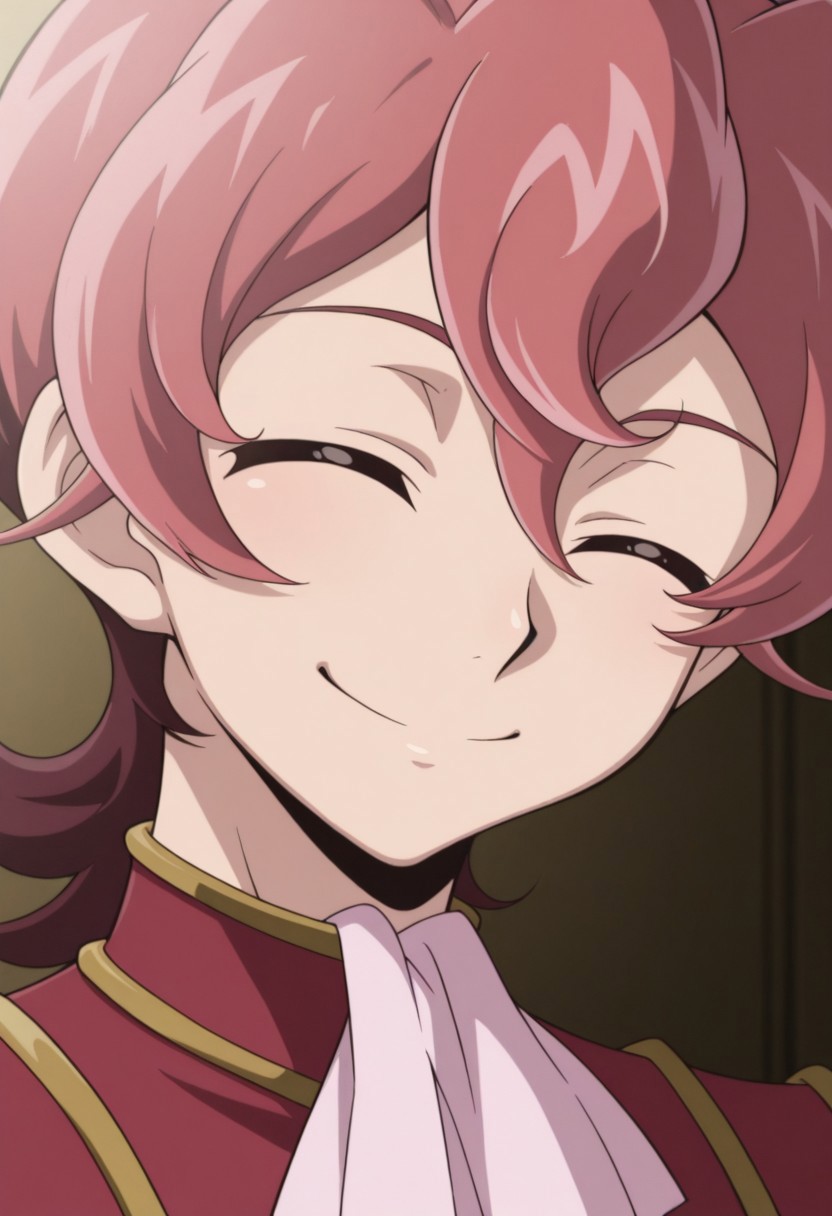 masterpiece,best quality,amazing quality, source_anime, 
MichArclight, 1boy, male focus, solo, closed eyes, pink hair, ascot, pink ascot, shirt, pink shirt, jacket, red jacket, smile, portrait,
