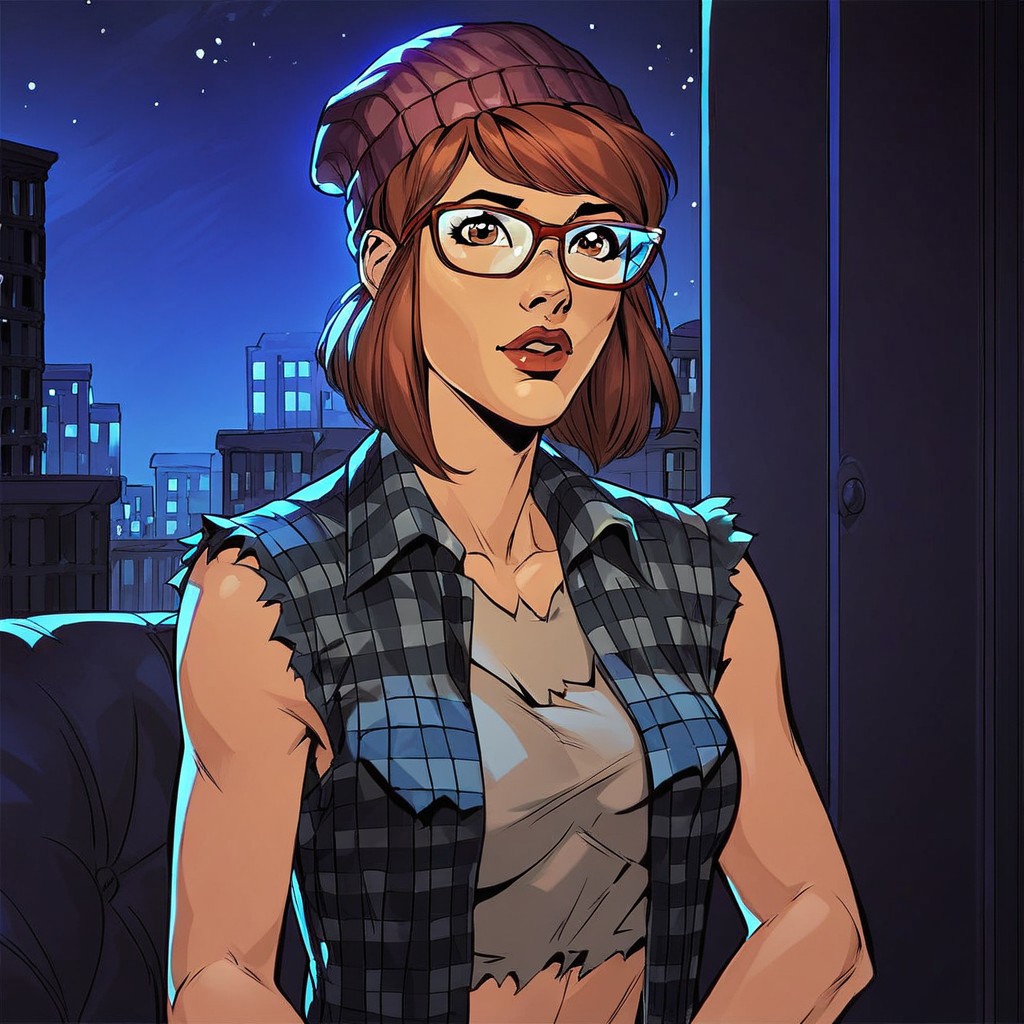 score_9, score_8_up, score_7_up, solo, 1girl, beanie, black-framed eyewear, torn shirt,  medium breasts, plaid, plaid shirt, vest, red-framed eyewear, hat, brown eyes, city, night time,