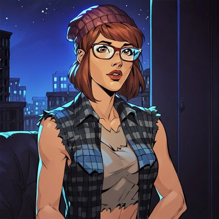 score_9, score_8_up, score_7_up, solo, 1girl, beanie, black-framed eyewear, torn shirt,  medium breasts, plaid, plaid shirt, vest, red-framed eyewear, hat, brown eyes, city, night time,
