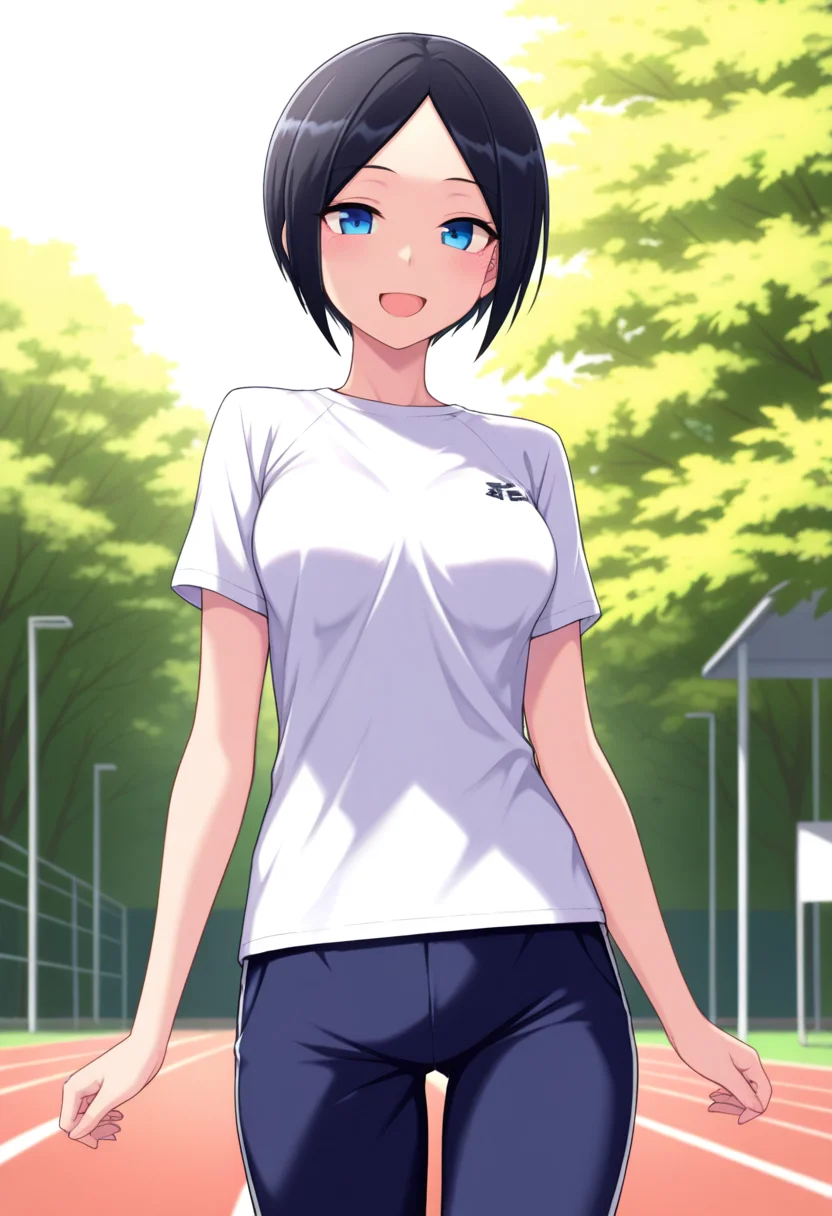 masterpiece, best quality, amazing quality, 1girl, solo, cowboy shot, eriww, blue eyes, black hair, short hair, parted bangs, medium breasts, t-shirt, short sleeves, track pants, looking at viewer, smile, open mouth, outdoors, day, skindentation, detailed clothing folds, depth of field, sharp, high contrast, dynamic light <lora:Eri_Todo_Iitai_Koto_wa_ill_v21:0.9>