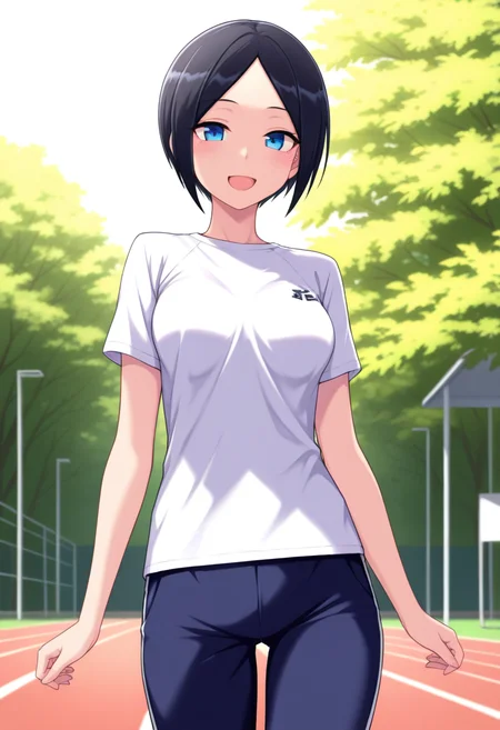 masterpiece, best quality, amazing quality, 1girl, solo, cowboy shot, eriww, blue eyes, black hair, short hair, parted bangs, medium breasts, t-shirt, short sleeves, track pants, looking at viewer, smile, open mouth, outdoors, day, skindentation, detailed clothing folds, depth of field, sharp, high contrast, dynamic light <lora:Eri_Todo_Iitai_Koto_wa_ill_v21:0.9>