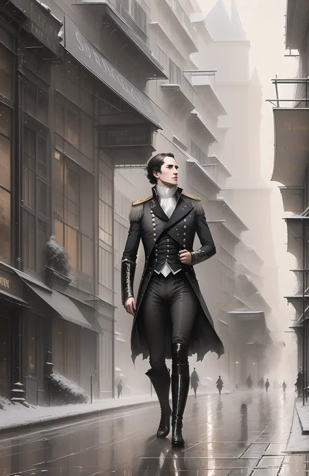 award winning closeup portrait Photo of Napoleon walking in 1800s Paris street, backlit, digital painting, concept art, smooth, sharp focus, rule of thirds, dark fantasy,intricate details, art by aleksi briclot and Greg Rutkowski, medium shot,  Style by Style-Empire, moonlit street
