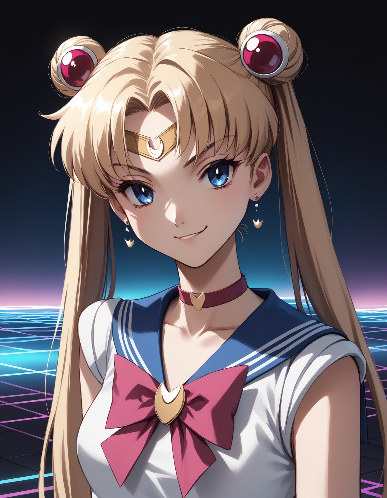 score_9, score_8_up, score_7_up,sailor moon, vaporwave, smirk, looking at viewer, (straight-on:1.2), (head tilt:1.2),  tsurime, 