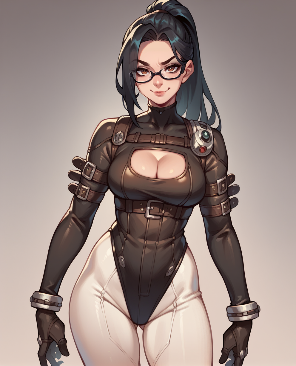 score_9,score_8_up,score_7_up,score_6_up,
Gleyxl,glasses,ponytail,
black hair,long hair,brown eyes,black bodysuit,white leggings,looking at viewer,
makeup,clothing cutout,cleavage,smug, standing, 
<lora:Gleyxl:0.8>,